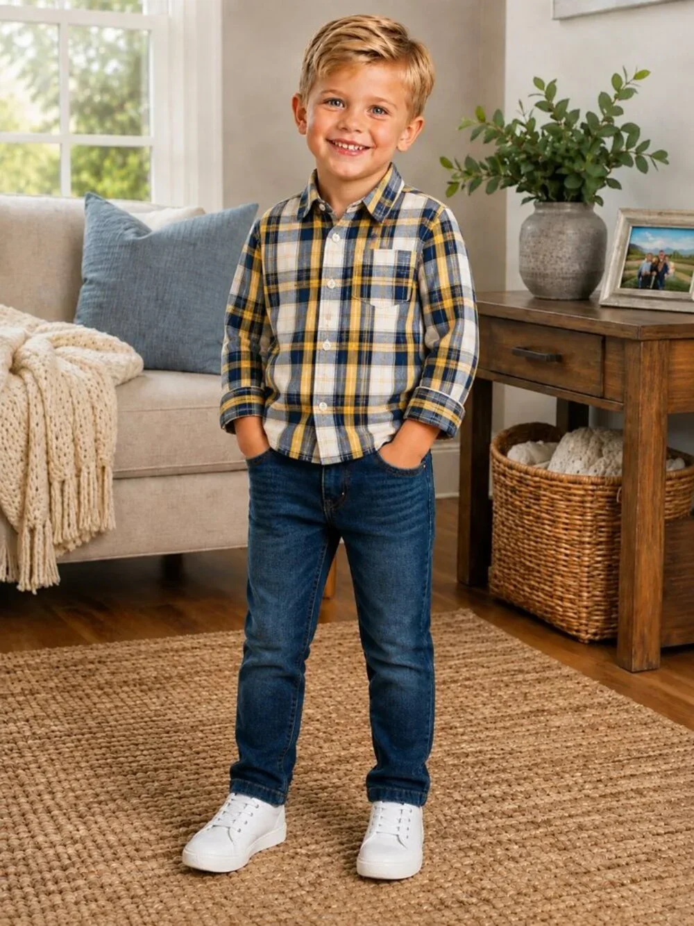 NWT OshKosh B’gosh Toddler Boy Outfit Set Size 5T Plaid Button Down Shirt Jeans